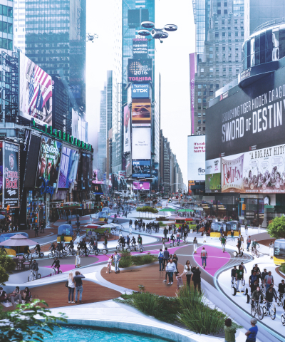 Das Bild zeigt eine zukunftsweisende Gestaltungsidee für den Times Square in New York